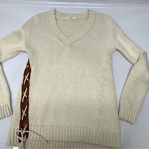 Bailey 44 Sweater Woman Small V Neck  Thick Cotton‎ Leather Side Lace Up Neutral - Picture 1 of 11